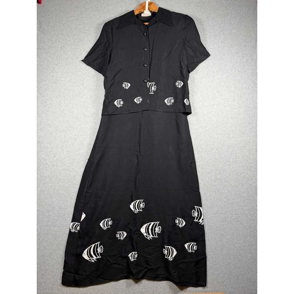 Vintage Connie Choi Fish Print Maxi Dress Jacket Set Black Small USA 3859